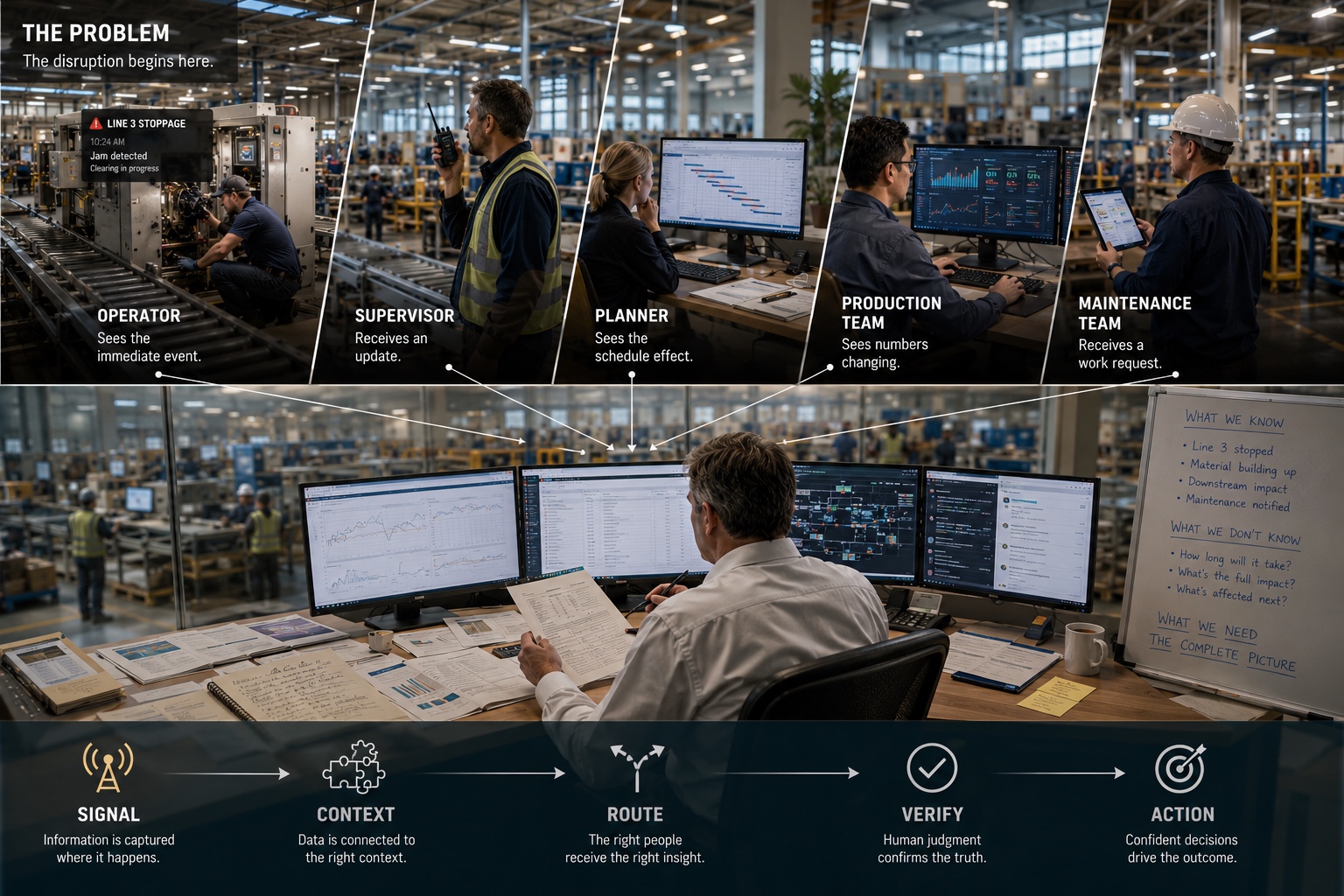 Five roles — operator, supervisor, planner, production, maintenance — each seeing a different fragment of the same operating event